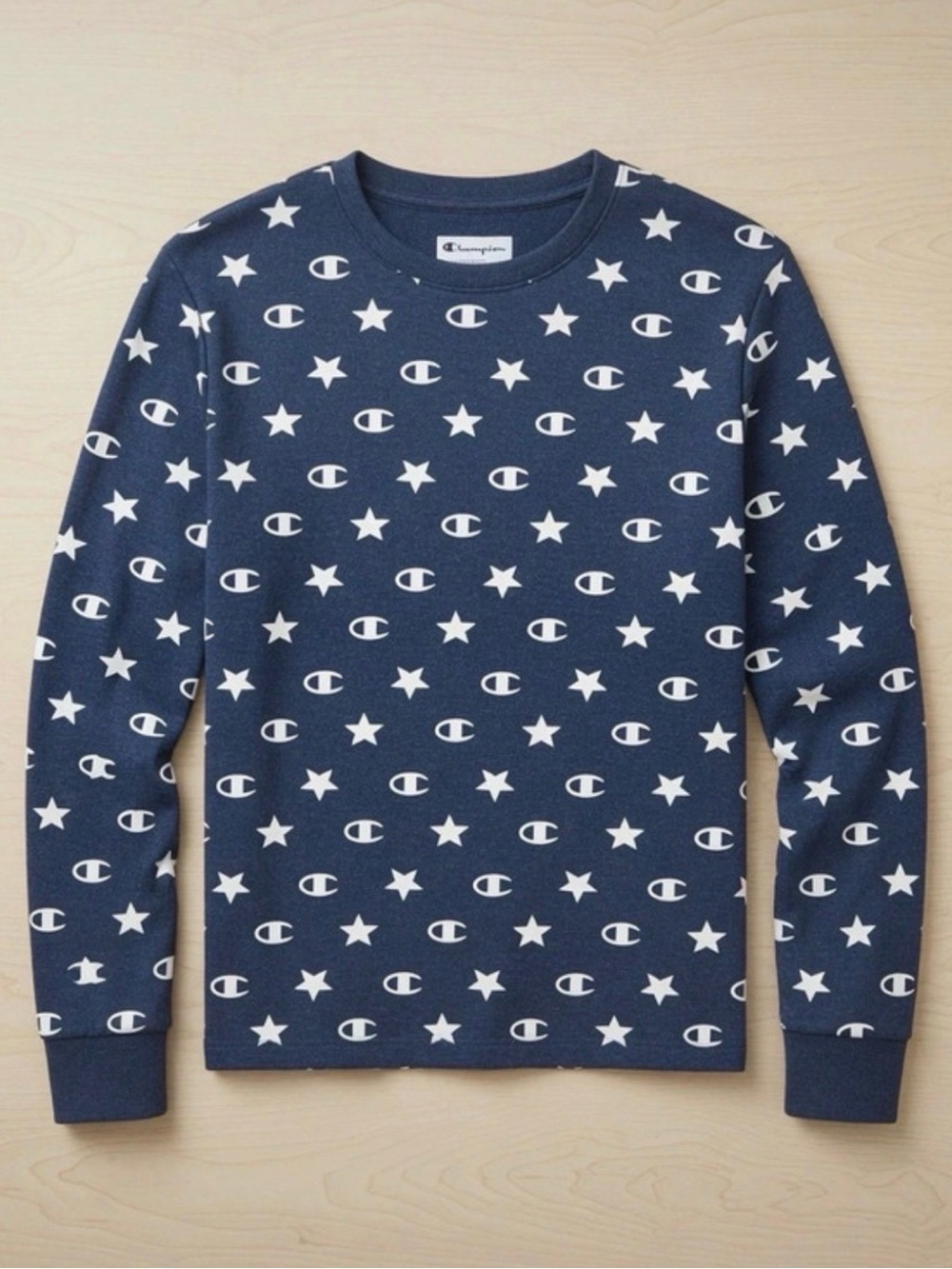 NWT‎ Champion Navy Allover Logo & Star Print Crewneck Sweatshirt Large